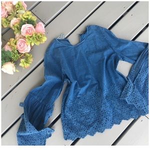 Blue Embroidered Bell Sleeves Top
